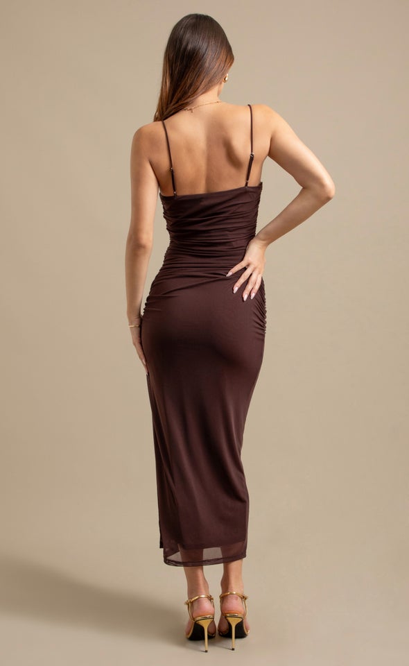 Mesh Strappy Ruched Slip Gown Mocha