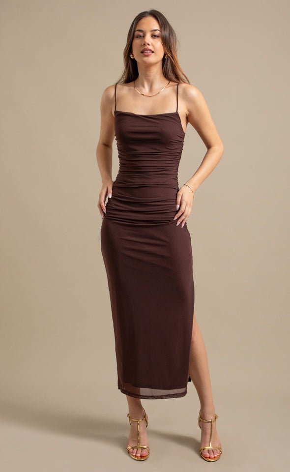 Mesh Strappy Ruched Slip Gown Mocha