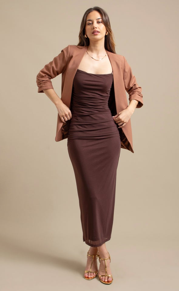 Mesh Strappy Ruched Slip Gown Mocha