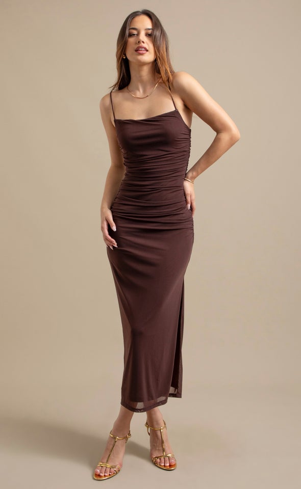 Mesh Strappy Ruched Slip Gown Mocha