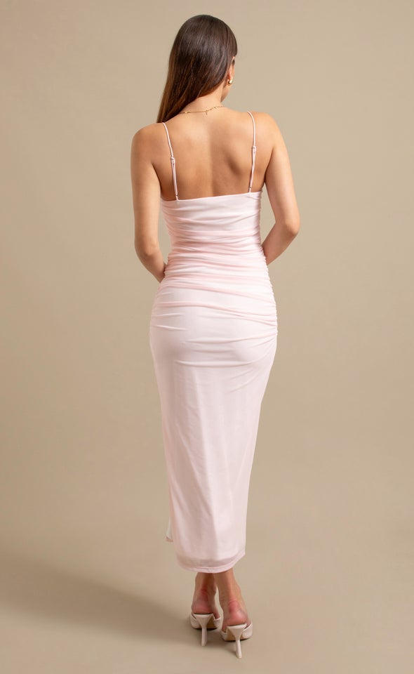 Mesh Strappy Ruched Slip Gown Rose