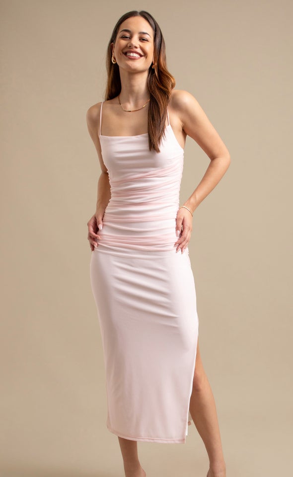 Mesh Strappy Ruched Slip Gown Rose