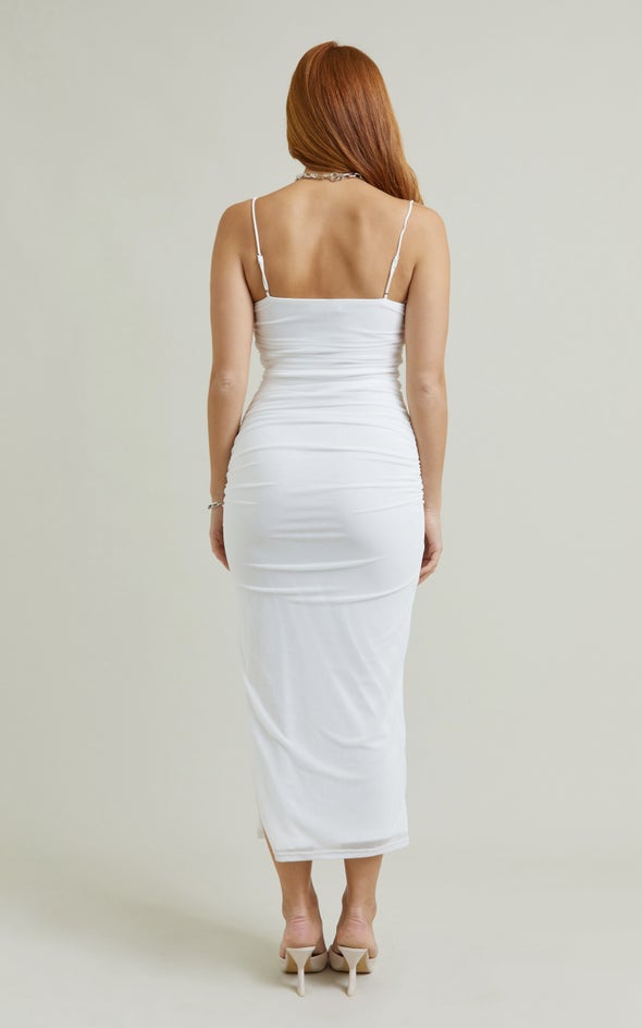 Mesh Strappy Ruched Slip Gown White