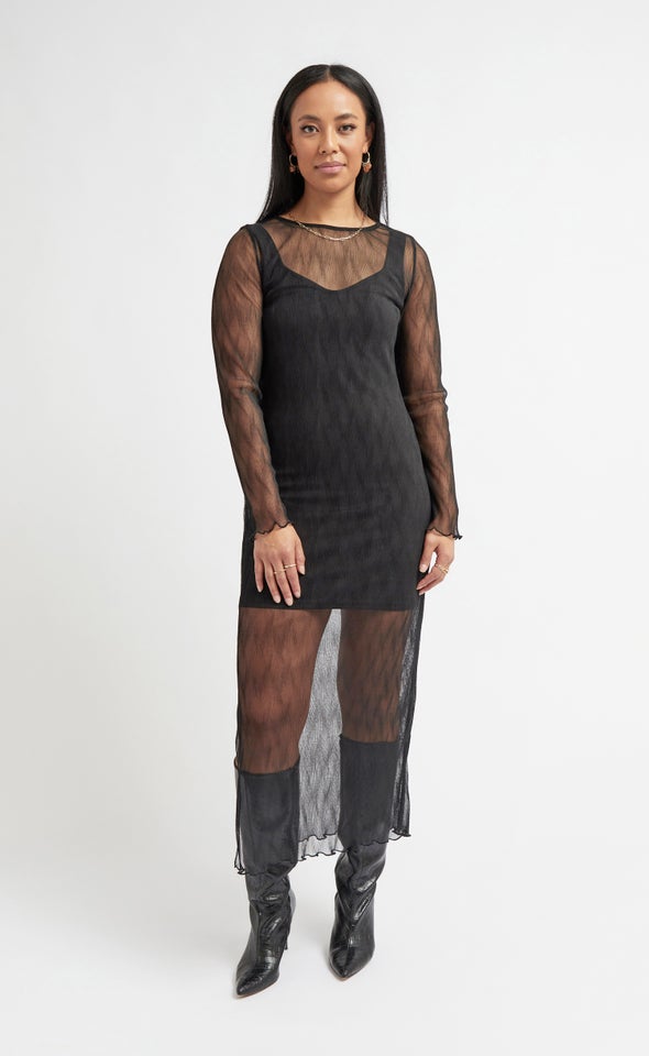 Mesh Textured LS Dress Black