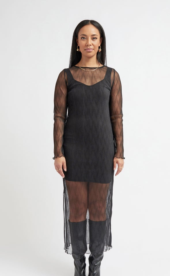 Mesh Textured LS Dress Black