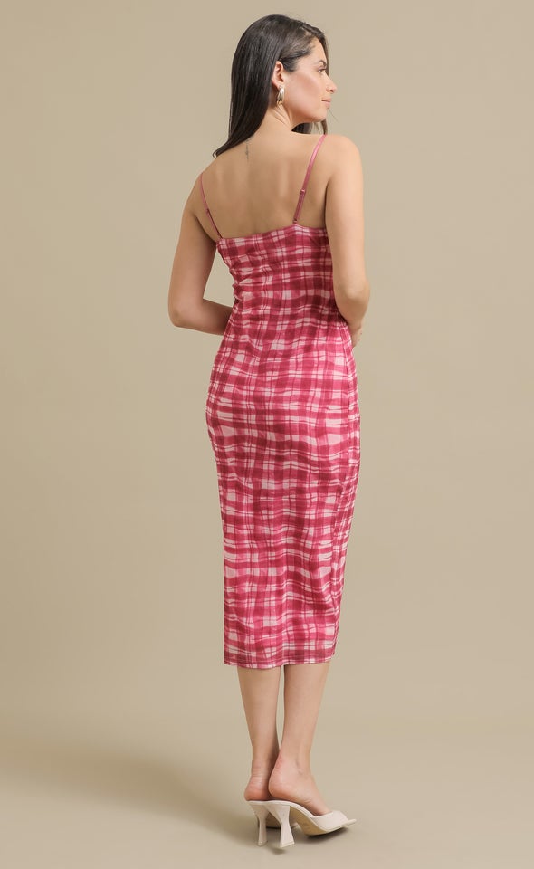 Mesh V Neck Midi Dress Gingham/berry