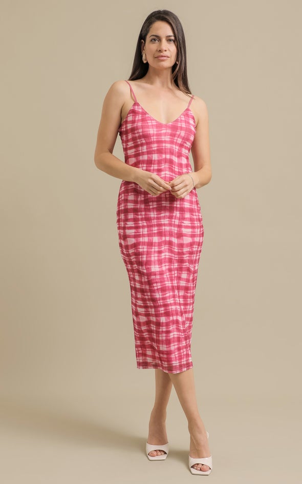 Mesh V Neck Midi Dress Gingham/berry