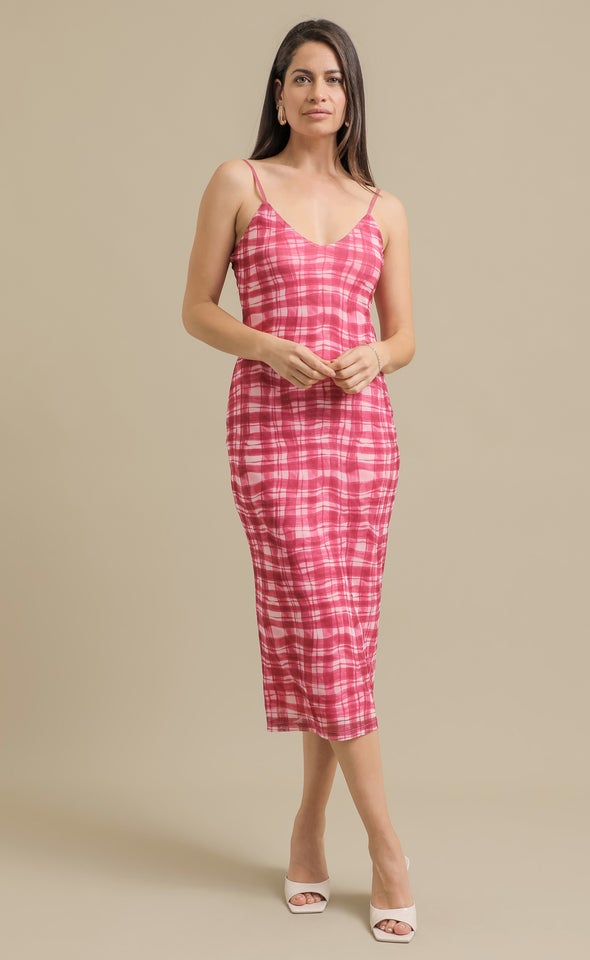 Mesh V Neck Midi Dress Gingham/berry