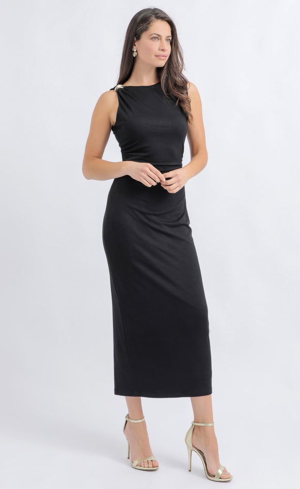 Metal Detail High Neck Midi Dress Black