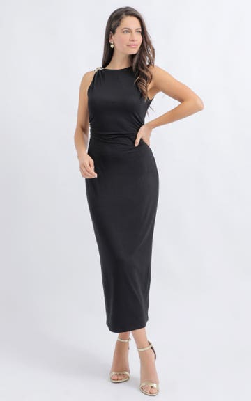 Shop our Metal Detail High Neck Midi Dress in Black | Pagani
