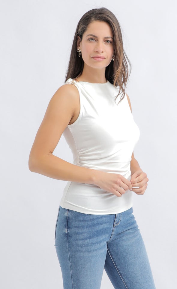 Metal Detail High Neck Tank White
