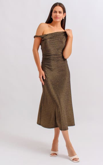 slim fit dress slacks Rent Lavish Alice Gold One Sleeve Bow Shoulder Sequin Midi Dress main image 0