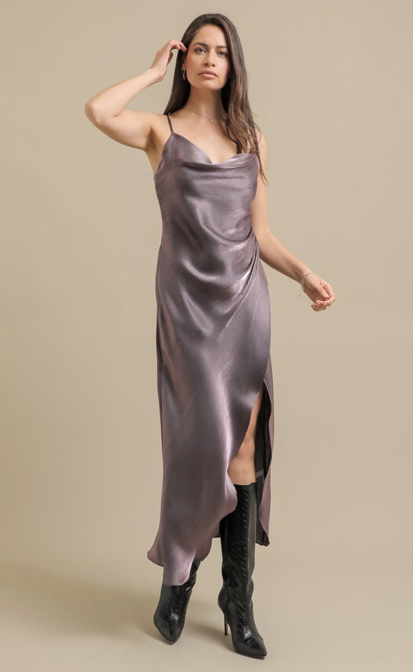 Metallic Bias Pleat Detail Gown Metallic