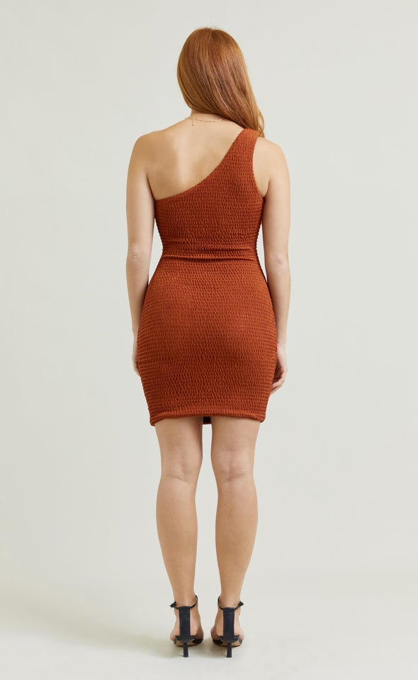 Metallic Jersey Asymmetric Dress Rust