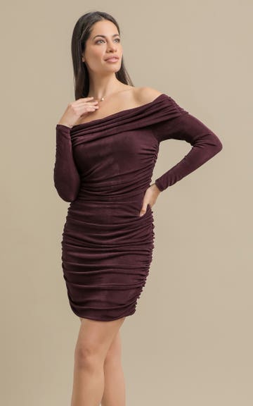 zendaya burgundy dress Yumi Burgundy Bardot Knitted Fitted Midi Dress