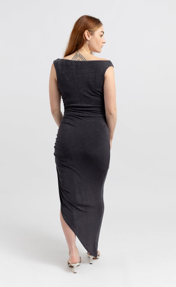 Metallic Jersey Bardot Gown Blue Grey