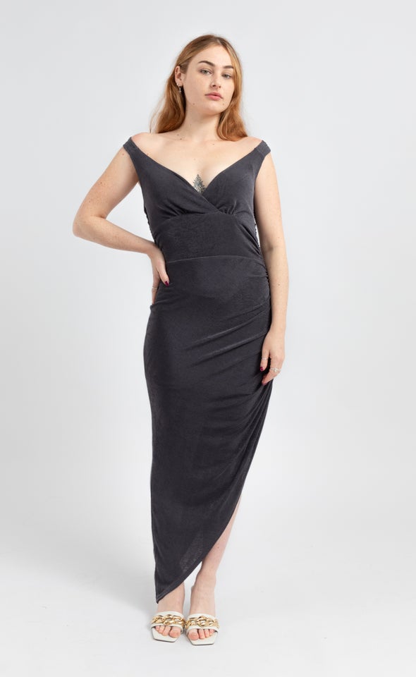 Metallic Jersey Bardot Gown Blue Grey