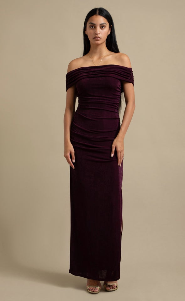 Metallic Jersey Bardot Gown Dark Purple