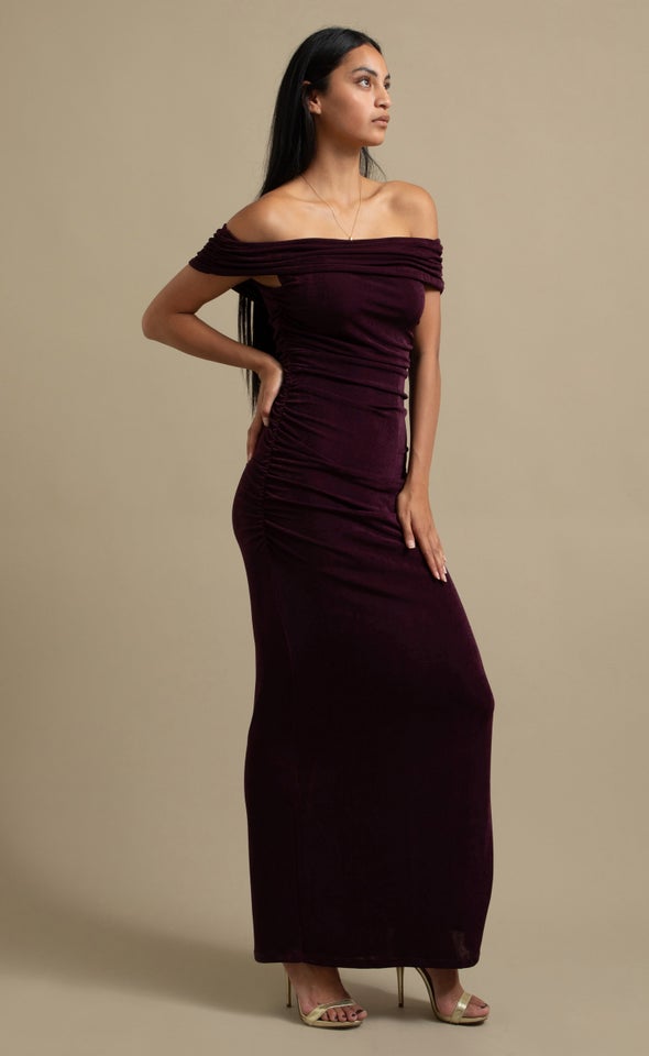 Metallic Jersey Bardot Gown Dark Purple