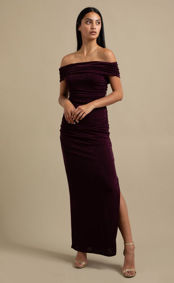 Metallic Jersey Bardot Gown Dark Purple