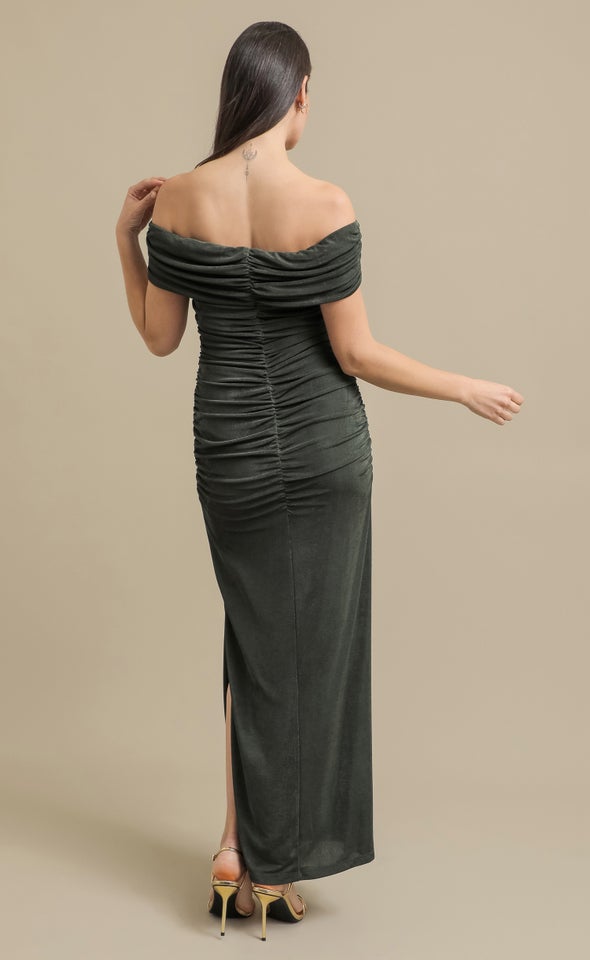 Metallic Jersey Bardot Gown Forest Green