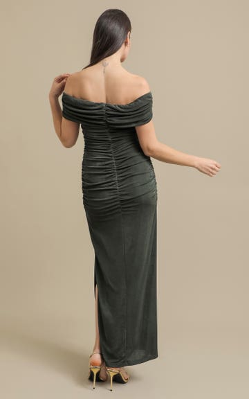forest green bardot dress Lavish Alice Forest Green Bardot Ruched Side Midi Dress