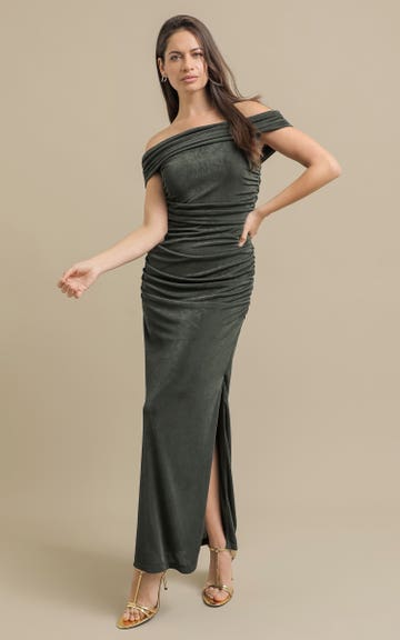 green emerald velvet dress Law of Attraction Bottle Green Bardot Draped Split Maxi Dress – Club L  London