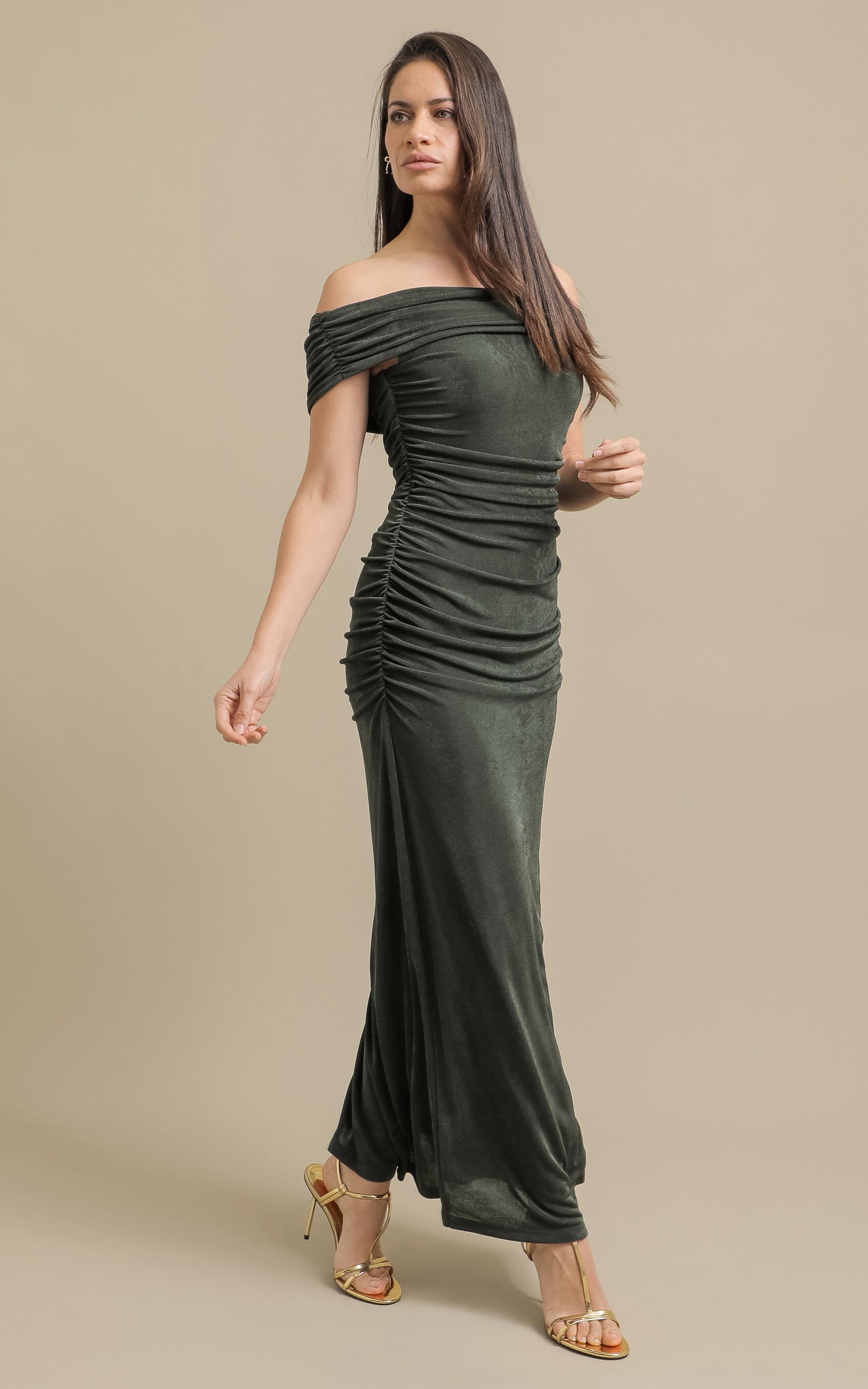 green emerald velvet dress Bardot Pleated Midi Dress In Dark Green – FS Collection (London) main image 0