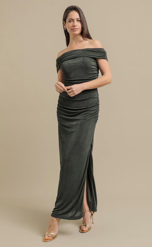 Metallic Jersey Bardot Gown Forest Green