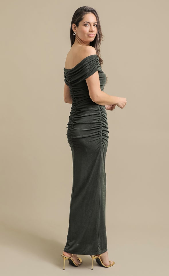Metallic Jersey Bardot Gown Forest Green