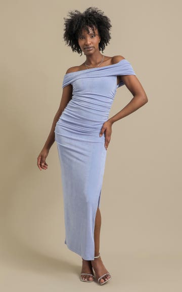 Shop our Metallic Jersey Bardot Gown in Heather | Pagani