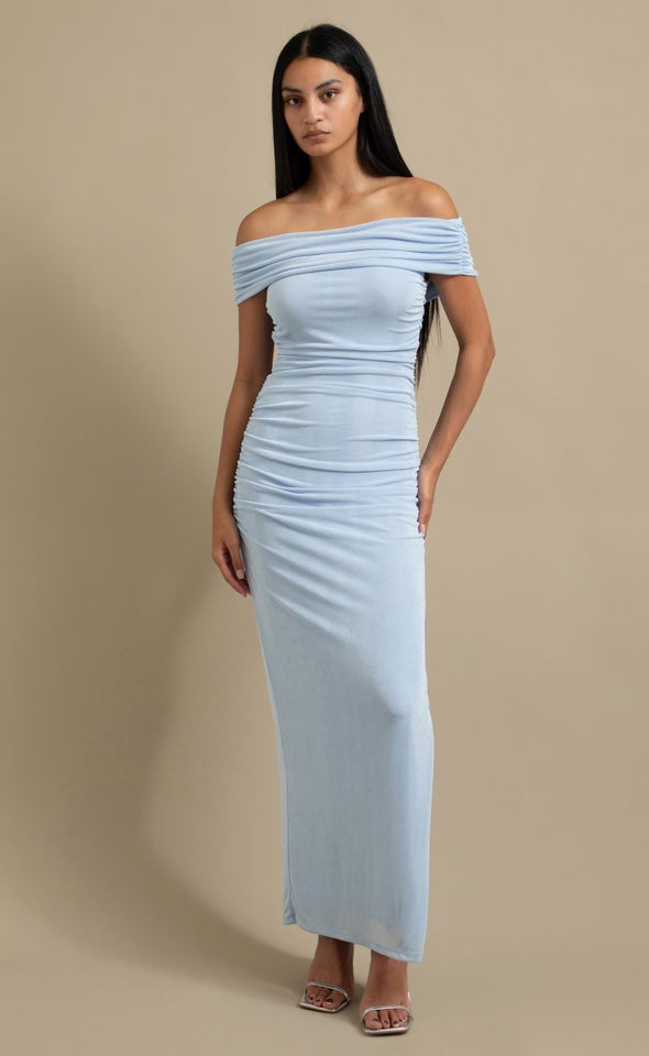 Metallic Jersey Bardot Gown Ice Blue