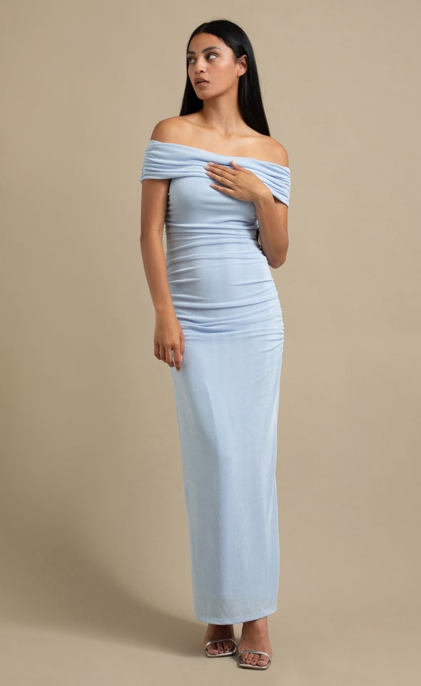Metallic Jersey Bardot Gown Ice Blue