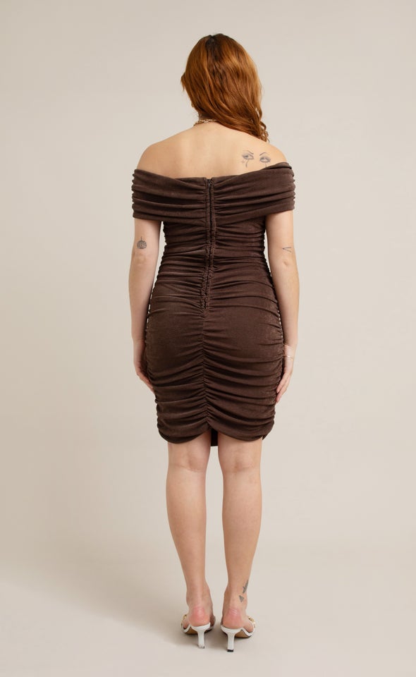 Metallic Jersey Bardot Sleeve Dress Latte