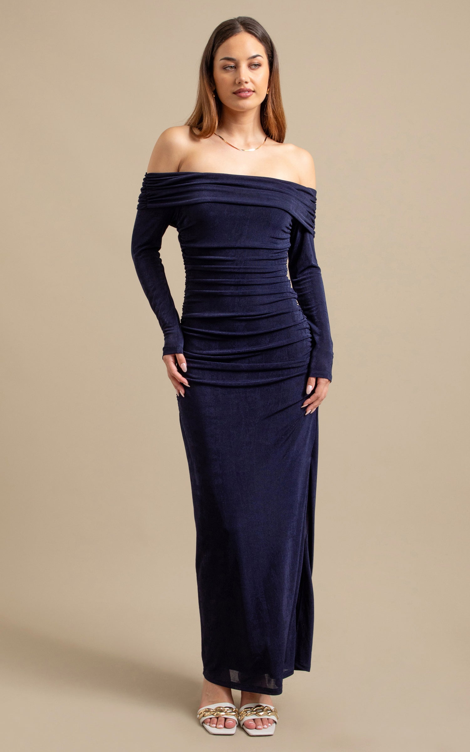 Shop our Metallic Jersey Pleated Corset Gown in Gold | Pagani
