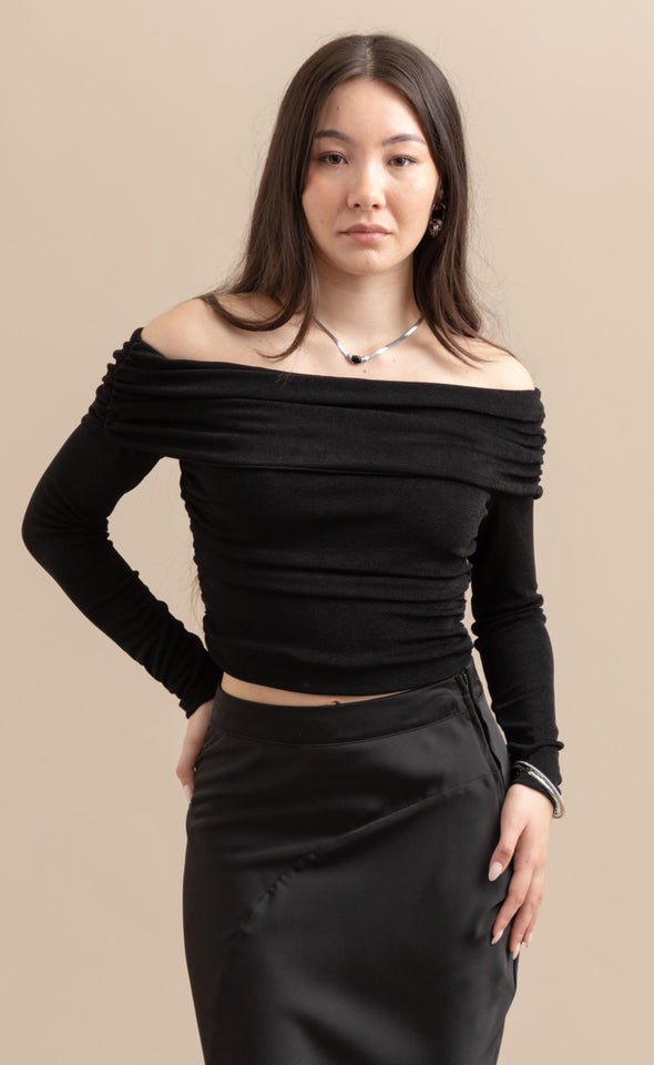 Metallic Jersey Bardot Sleeve Top Black