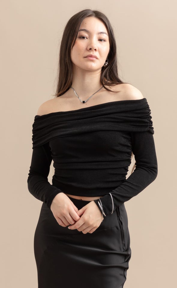 Metallic Jersey Bardot Sleeve Top Black