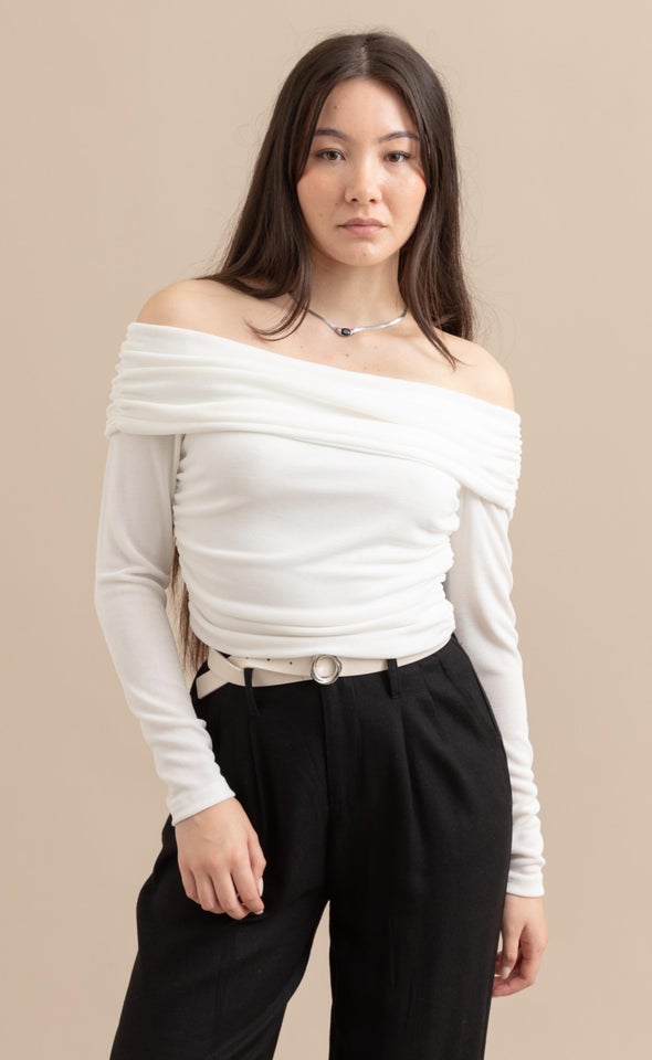 Metallic Jersey Bardot Sleeve Top Pearl
