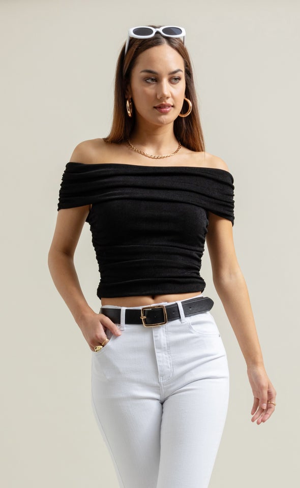 Metallic Jersey Bardot Top Black