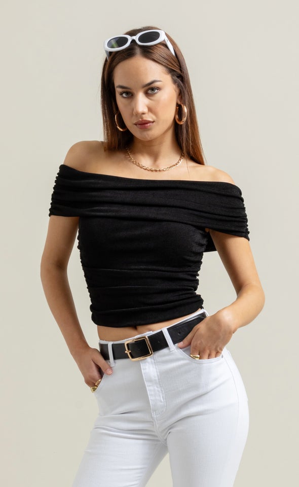 Metallic Jersey Bardot Top Black