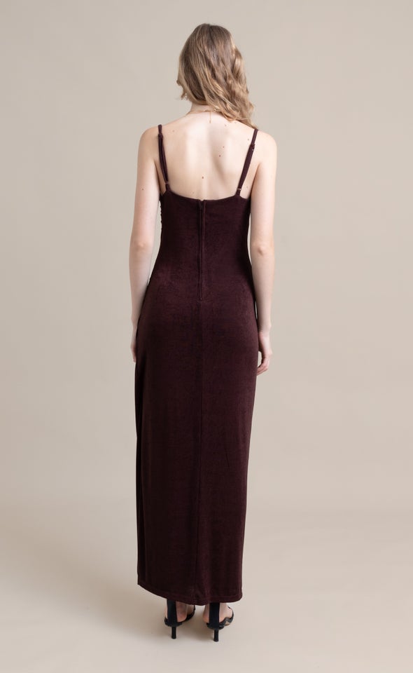 Metallic Jersey Cowl Neck Gown Chocolate