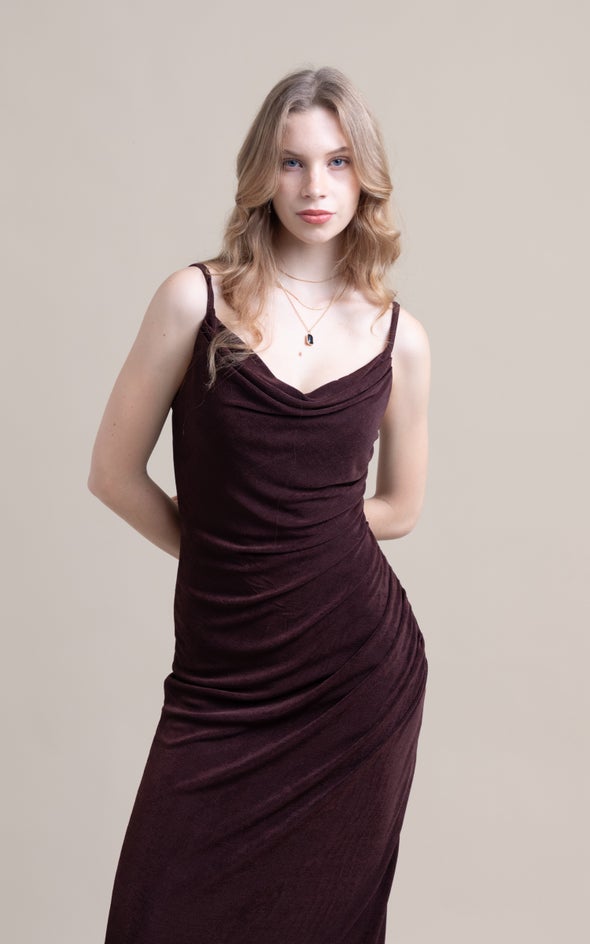 Metallic Jersey Cowl Neck Gown Chocolate