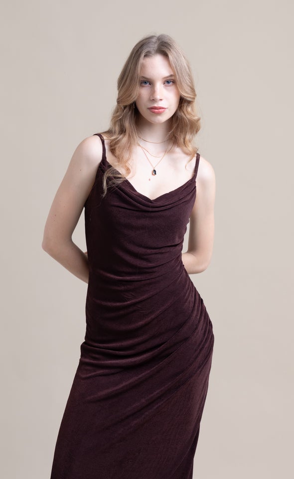 Metallic Jersey Cowl Neck Gown Chocolate