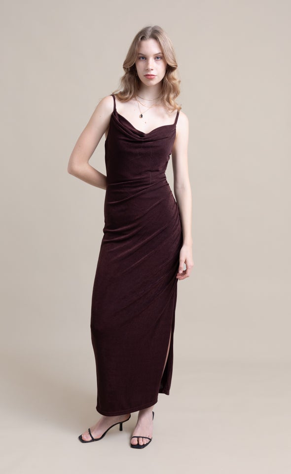 Metallic Jersey Cowl Neck Gown Chocolate