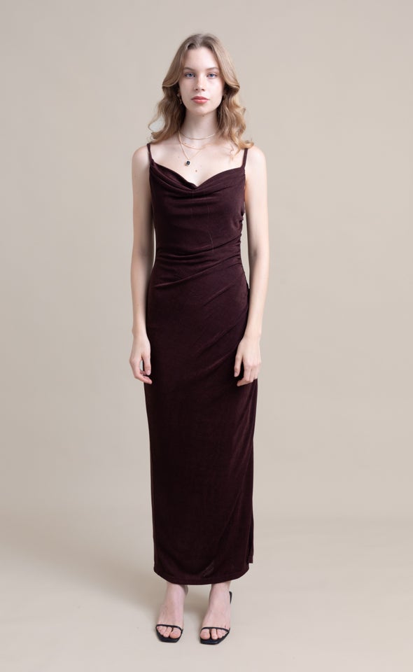 Metallic Jersey Cowl Neck Gown Chocolate