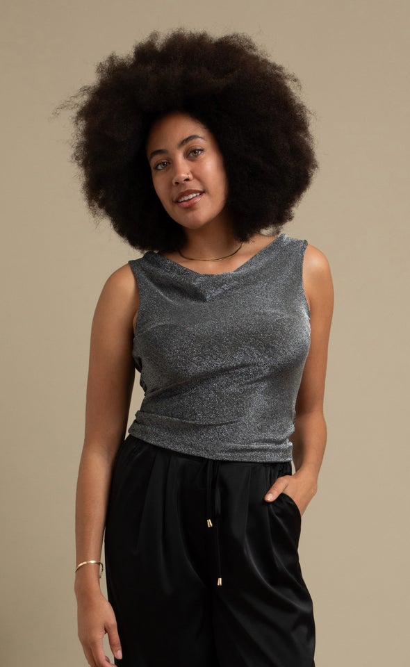 Metallic Jersey Cowl Top Black/silver