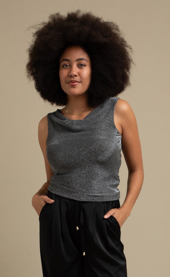 Metallic Jersey Cowl Top Black/silver