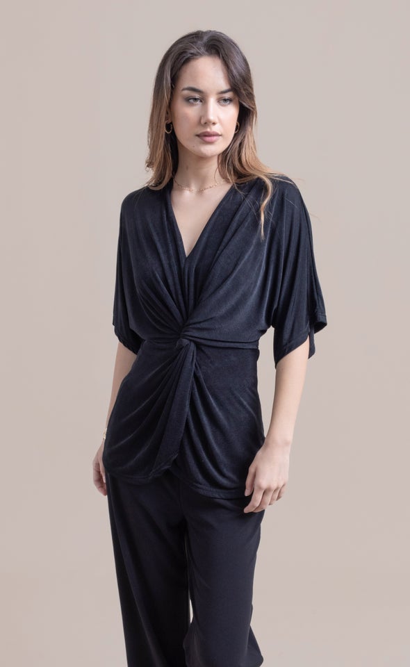Metallic Jersey Kimono Sleeve Top Black