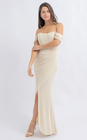Shop our Metallic Jersey Pleated Corset Gown in Gold | Pagani Shop our Metallic Jersey Pleated Corset Gown in Gold | Pagani