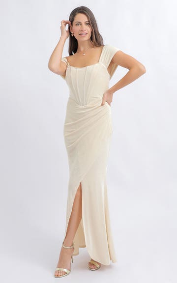 Shop our Metallic Jersey Pleated Corset Gown in Gold | Pagani